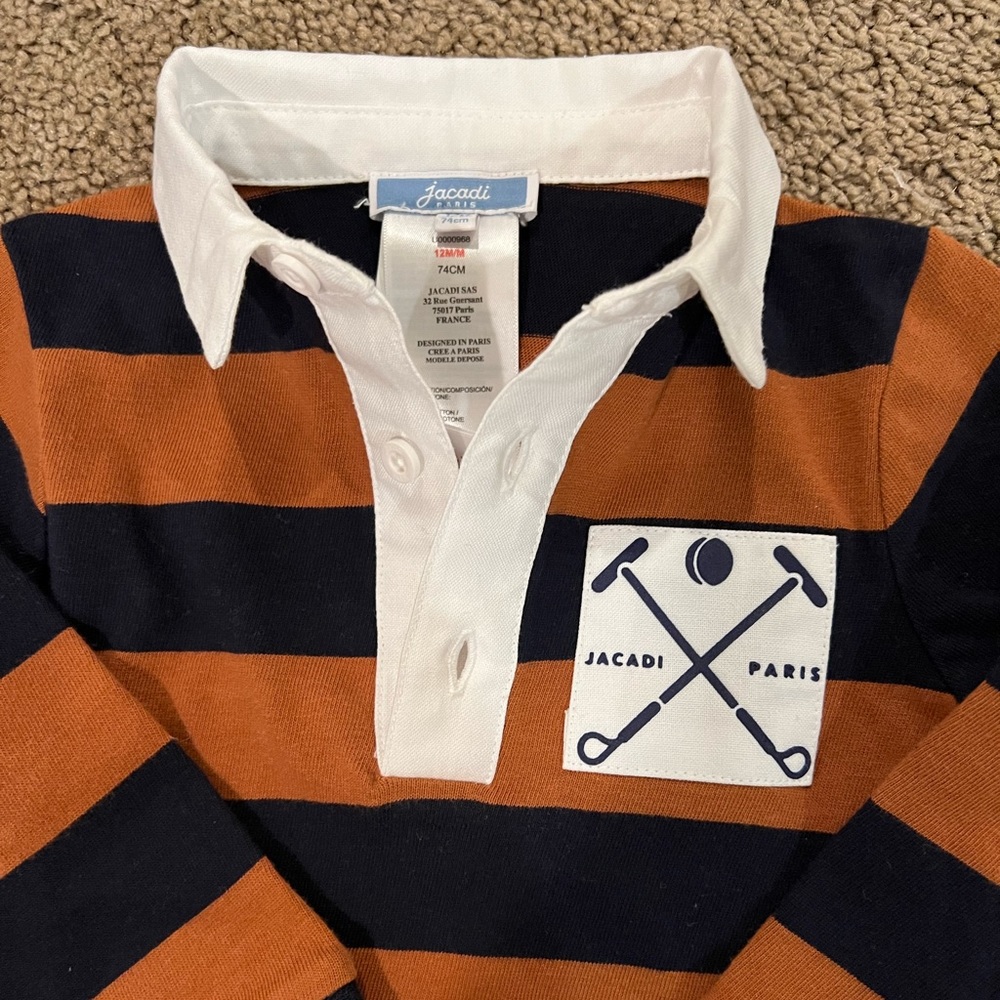 NWOT Jacadi Boys Blue and Tan Rugby Polo Shirt 12 Months